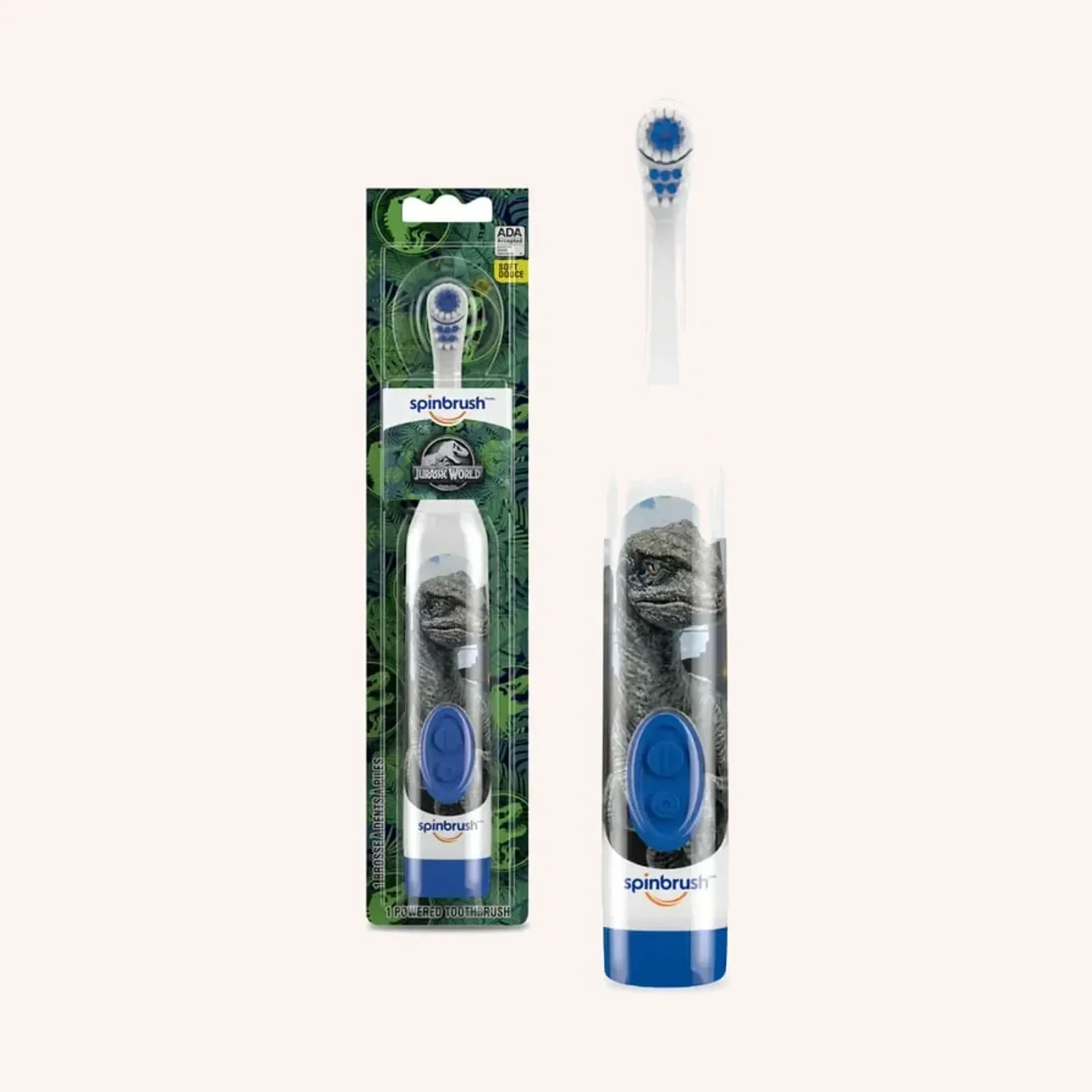 Spinbrush Jurassic World Kid’s Electric Toothbrush, azul y blanco, 1 unidad