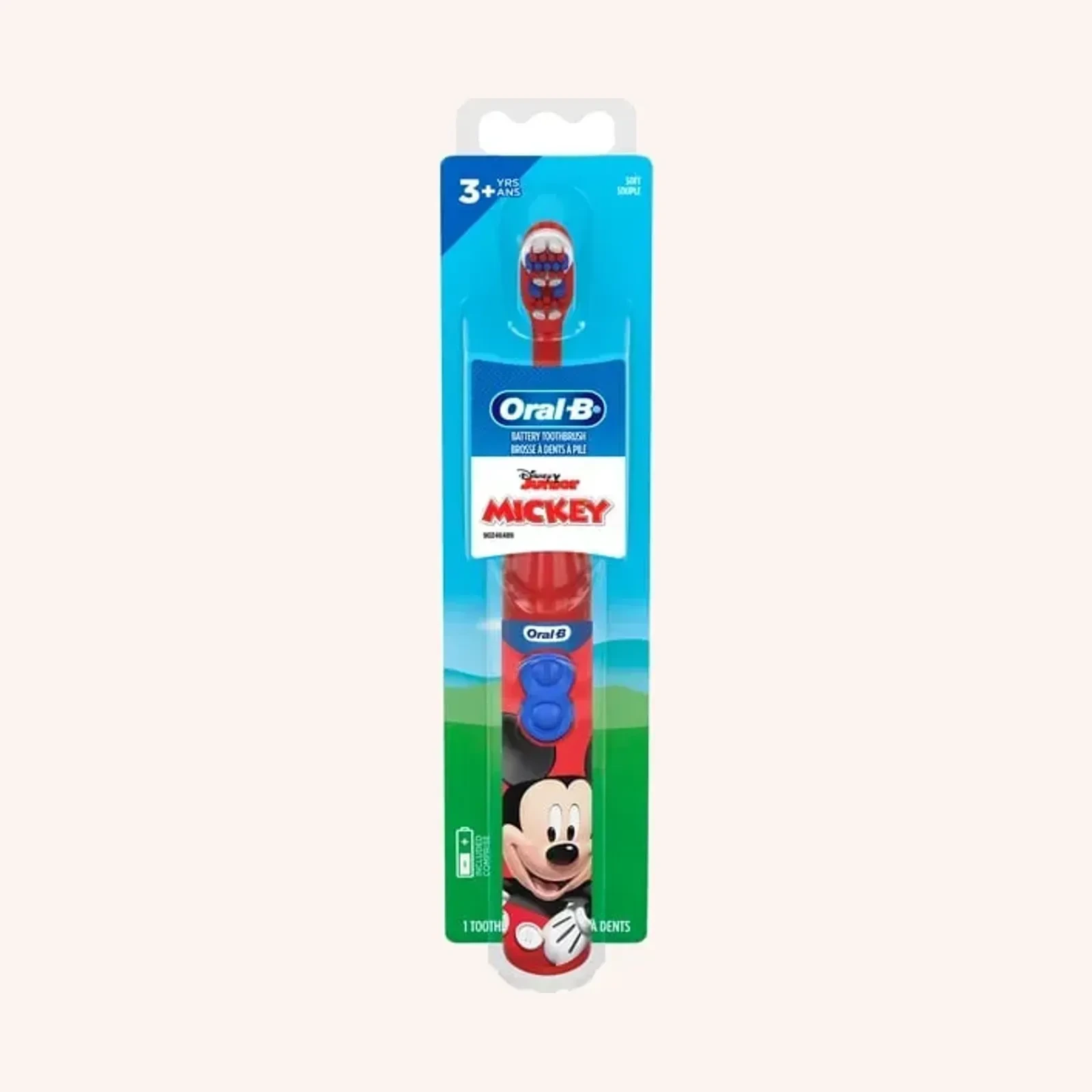 Oral-B Kids Toothbrush, battery toothbrush featuring Disney's Mickey Mouse, rojo y azul, 3+, 1 unidad
