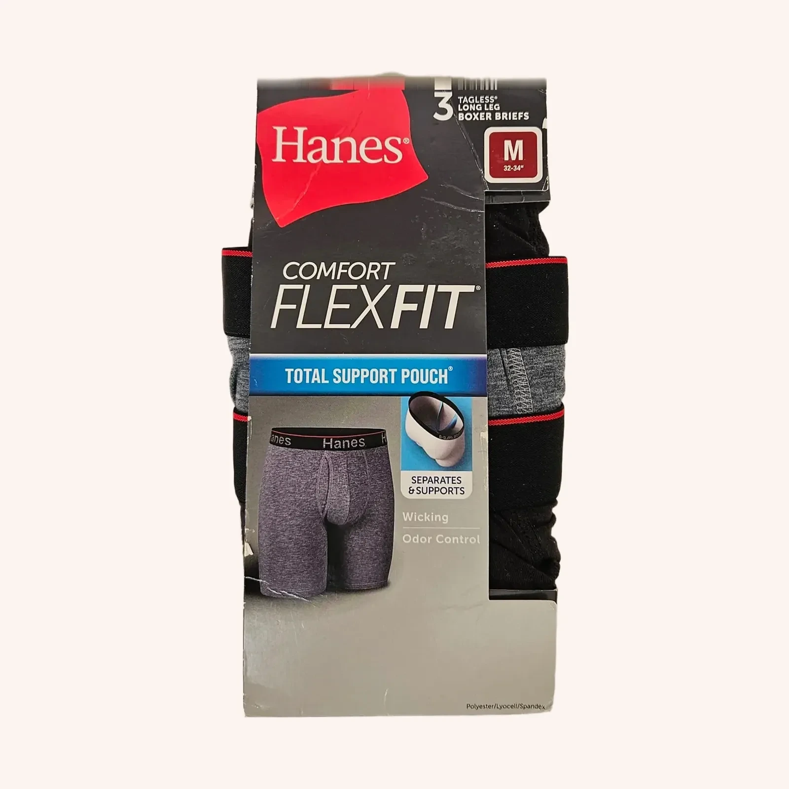 Hanes Comfort Flex Fit Total Support Pouch Long Leg Boxer Briefs, talla M, 3-pack, negro/gris