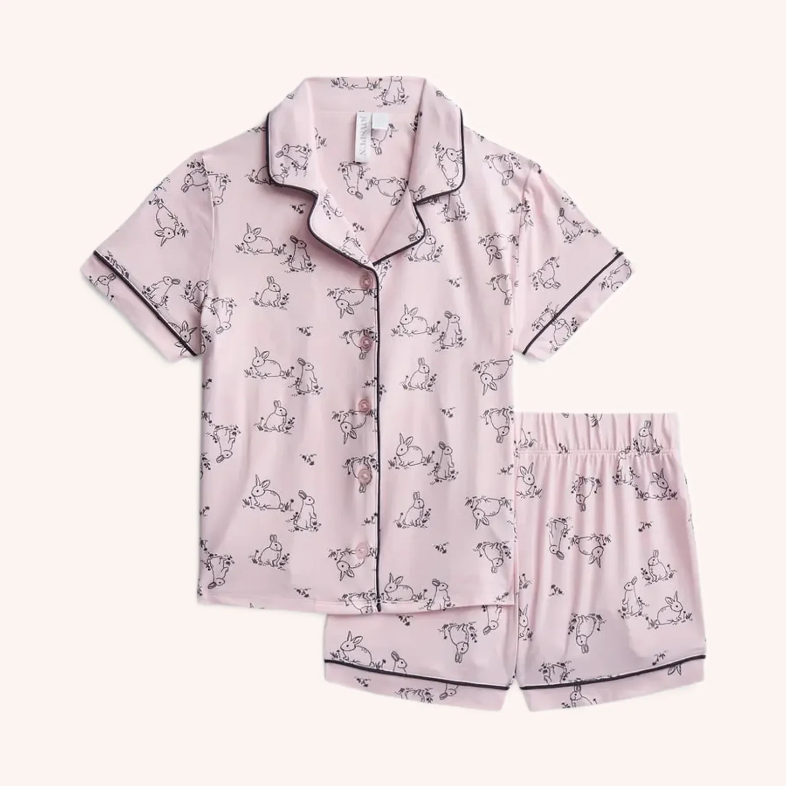 Joyspun Kids notch collar short pajama set, rosa pastel con conejos, L (10-12), set de 2 piezas