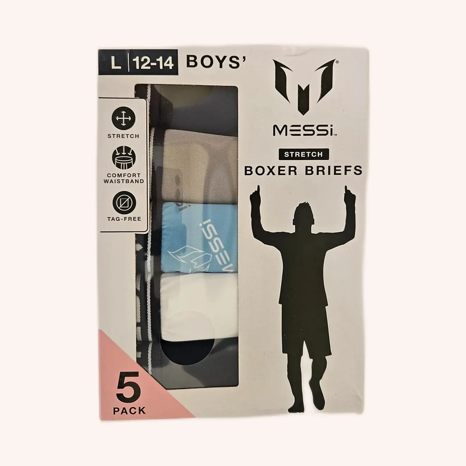 Messi Stretch Boxer Briefs para niño, azul, talla L (12-14), 5 pack