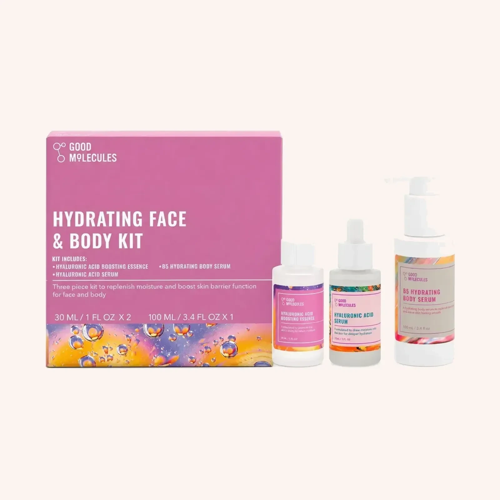 Good Molecules Hydrating Face & Body Kit, 30 ml / 1 fl oz x2 + 100 ml / 3.4 fl oz x1, kit