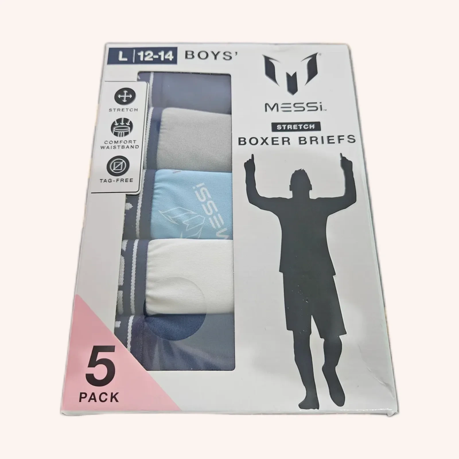 Messi Stretch Boxer Briefs para niño, azul, talla L (12-14), 5 pack