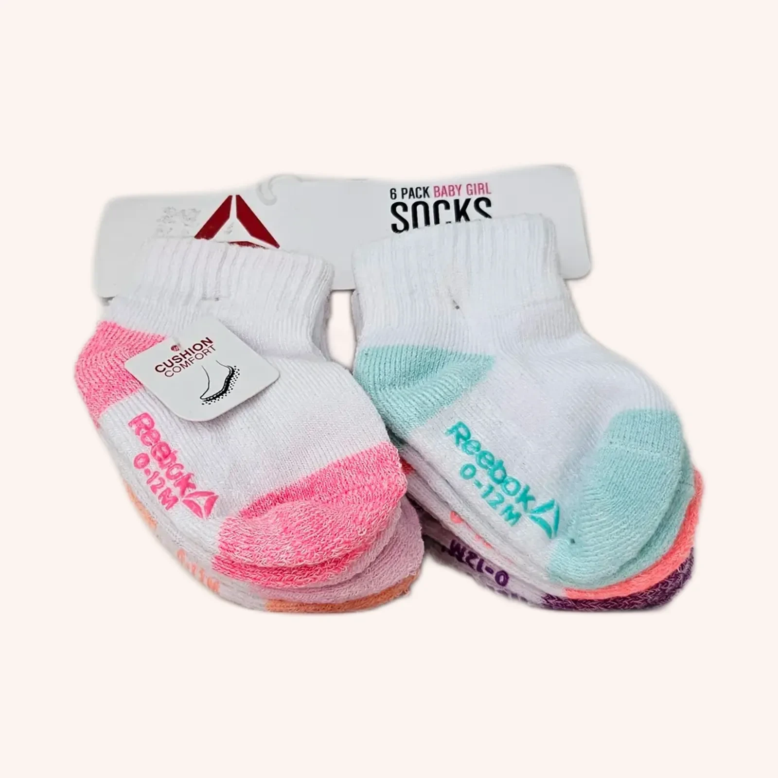 Reebok calcetines para bebé niña acolchados, blanco/rosa/menta, 0-12 meses, 6 pares