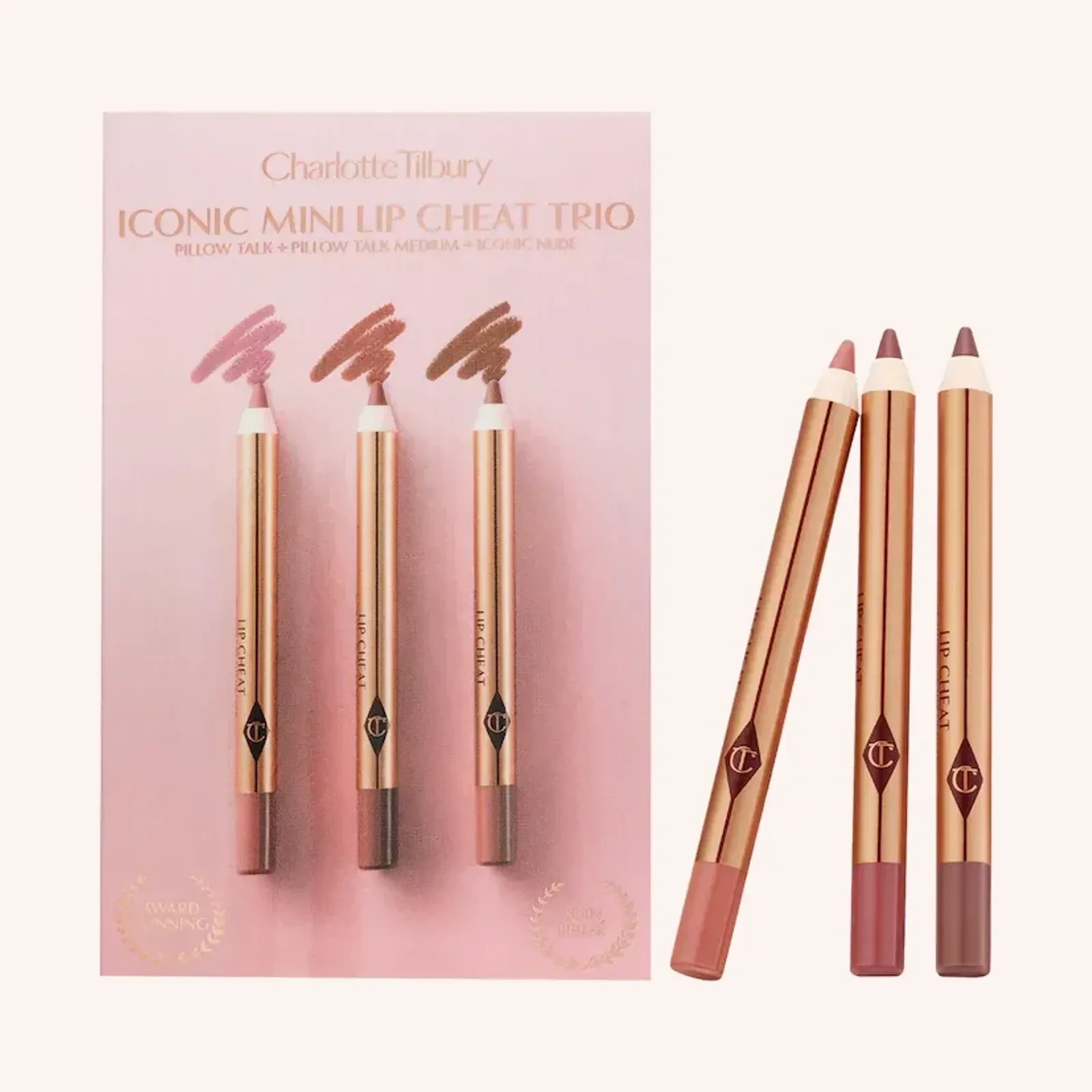 Charlotte Tilbury Iconic Lip Cheat Trio, Pillow Talk / Pillow Talk Medium / Iconic Nude, formato mini, 3 lápices