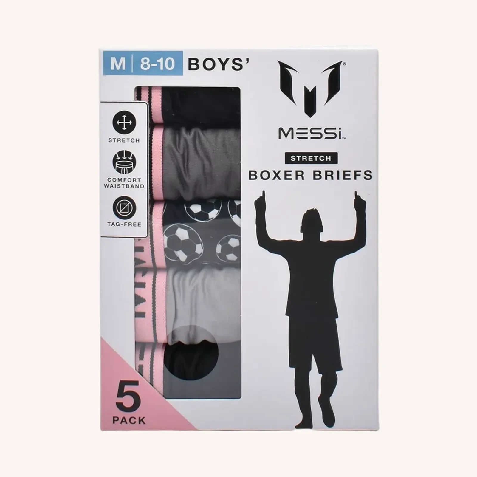 Messi Stretch Boxer Briefs, rosa, talla M (8-10), 5 pack