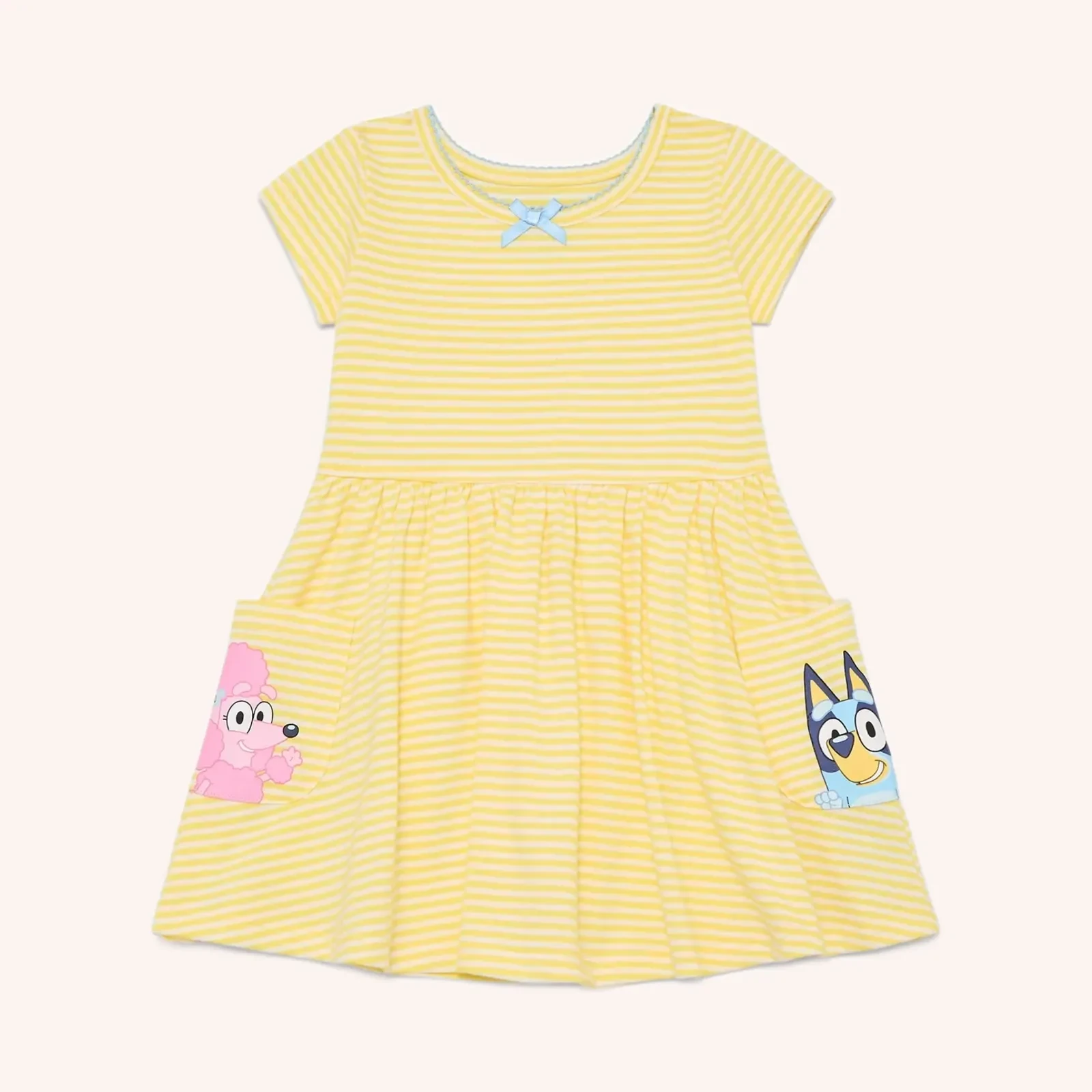 Bluey Toddler Girl Short Sleeve Striped Dress with Graphic Pockets