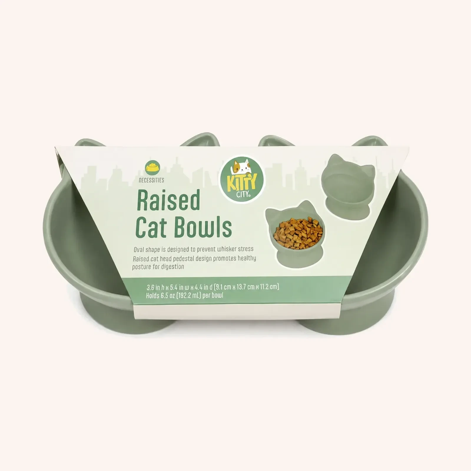 Kitty City Raised Cat Bowls, gris/verde menta, 6.5 oz, 2 piezas