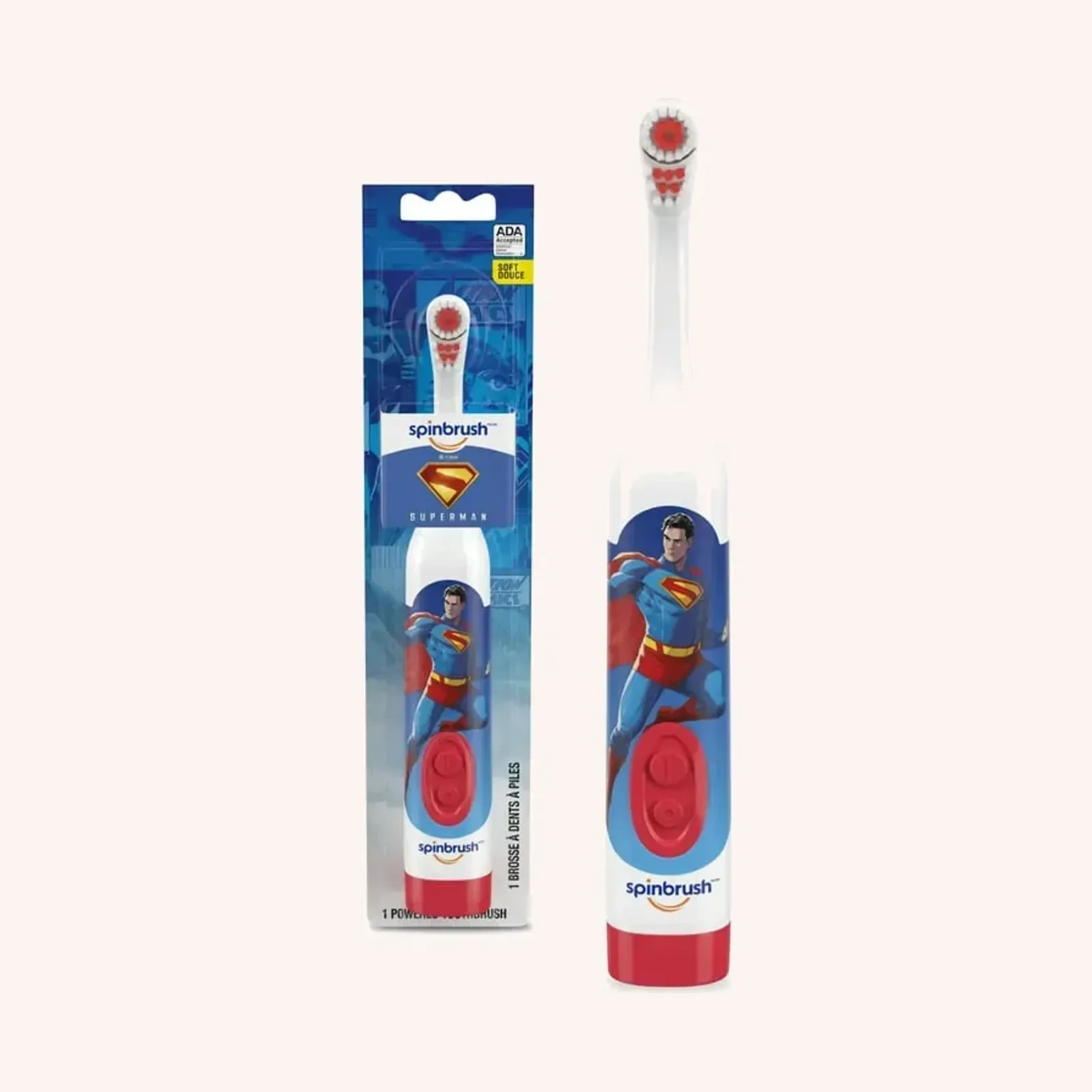 Spinbrush Superman cepillo dental eléctrico para niños, azul y rojo, con batería AA