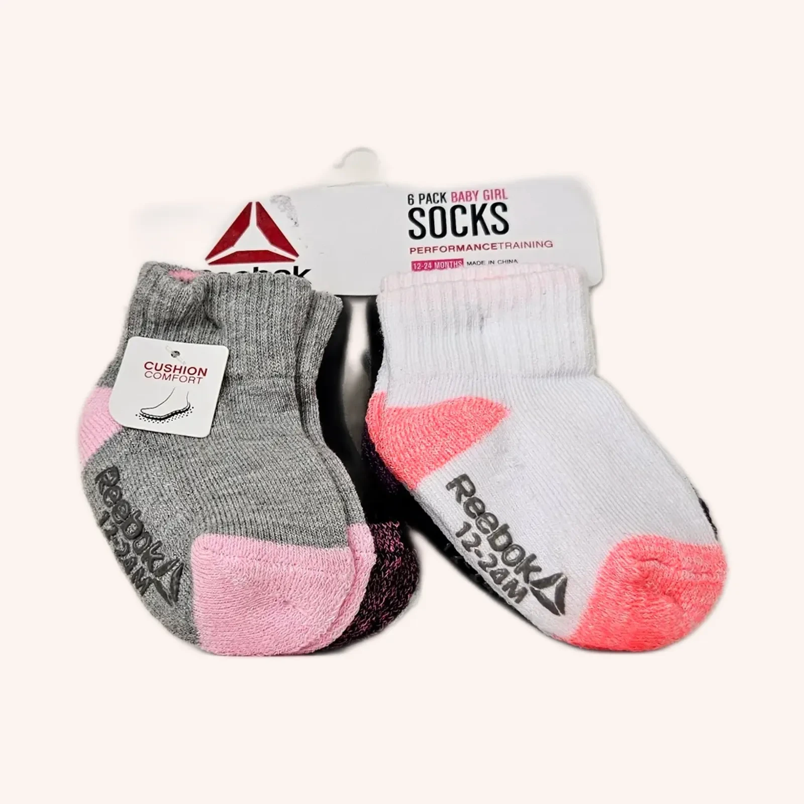 Reebok baby girl socks, gris/rosa/blanco, talla 12-24 months, paquete de 6